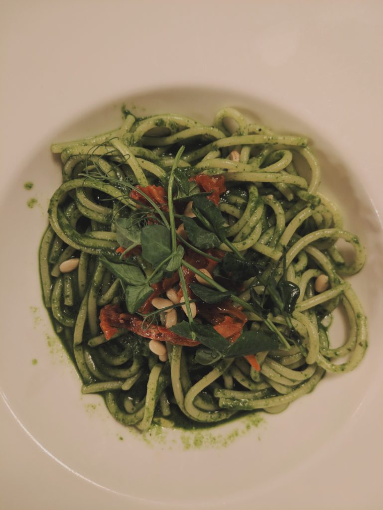 Pasta pesto with dried tomatoes at «Mamma Mia» restaurant