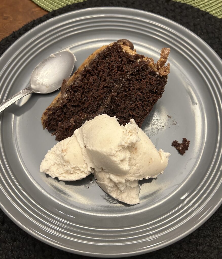 Vegan chocolate cake with peanut butter and chocolate frosting, served with almond milk ice
cream