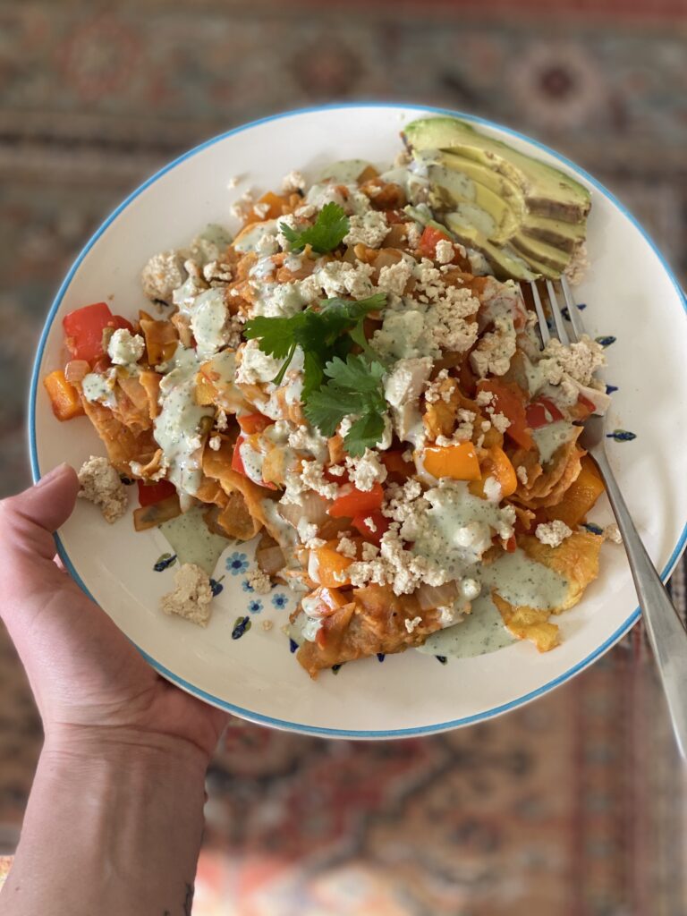 Chilaquiles with Tofu Queso Fresco and Cilantro Lime Crema: Becky Hill | Heart Coaching