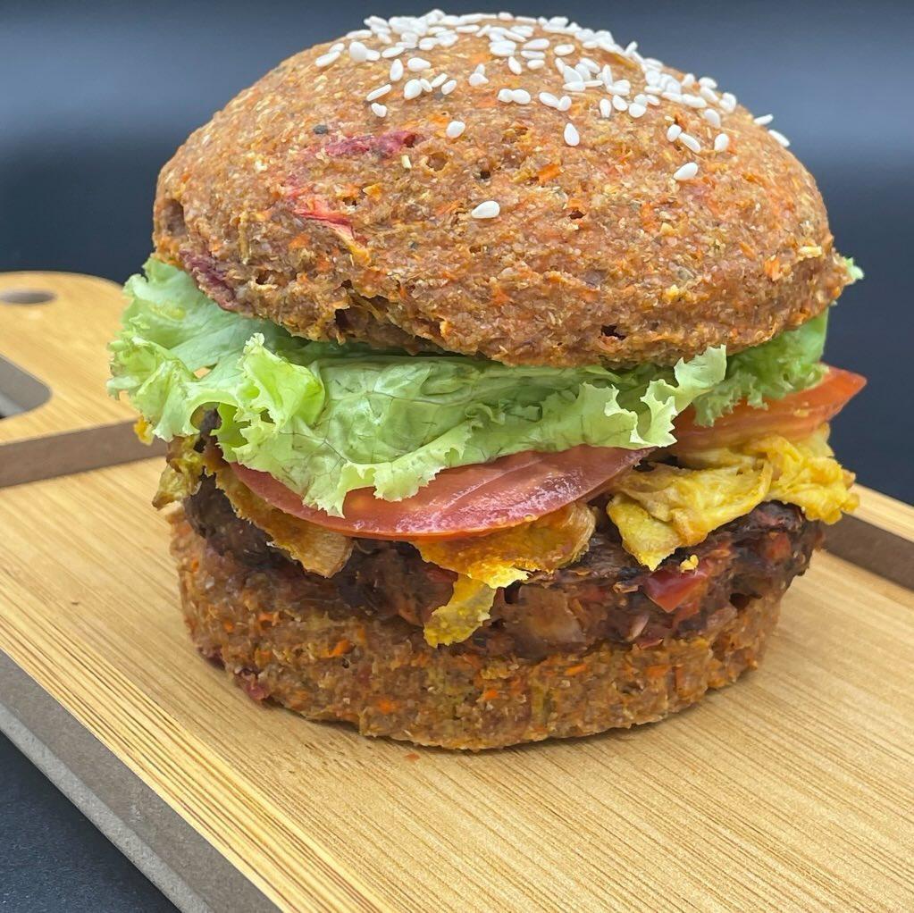 My Raw vegan burger, and raw vegan burger bun, with “cheese” and salad: Leanne Hill | Raw Vegan