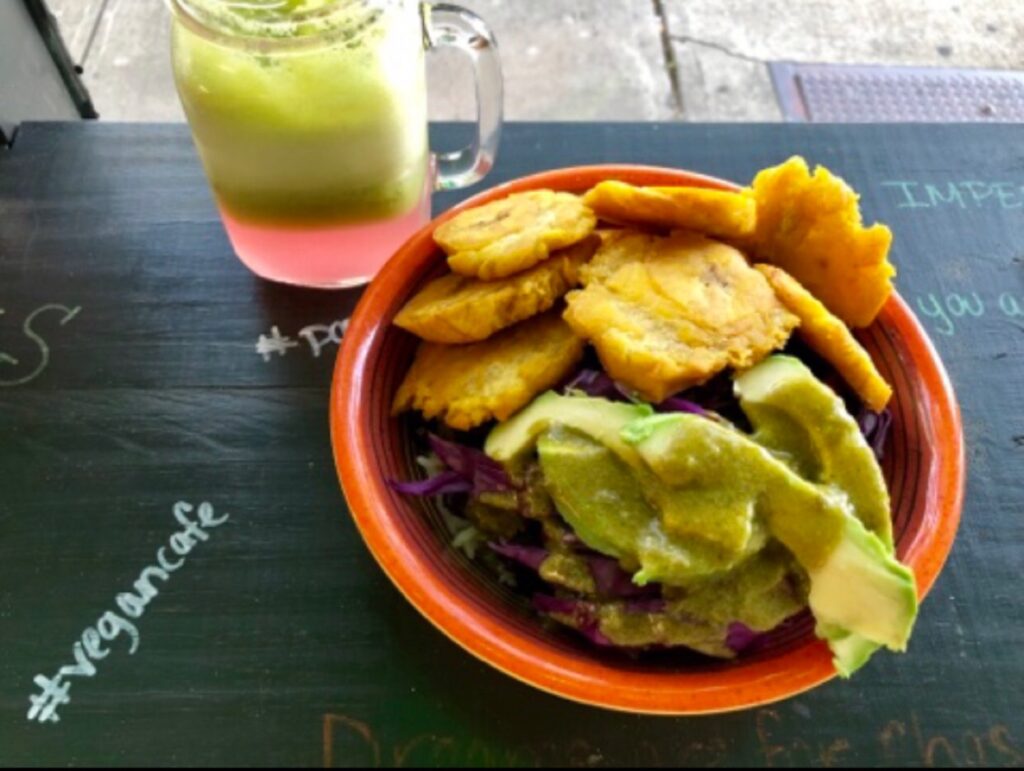 Picadillo with fresh fruit/veggie juice