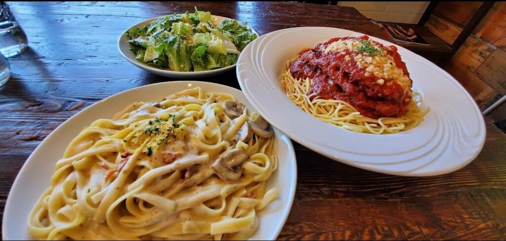 Chicken Parmigiana, Fettucine Alfredo and Ceasar Salad from Julie Goes Green: Veganly Ever After