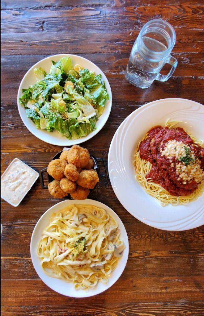 Chicken Parmigiana, Fettucine Alfredo with Ceasar Salad and Fried Mushrooms Julie Goes Green: Veganly Ever After