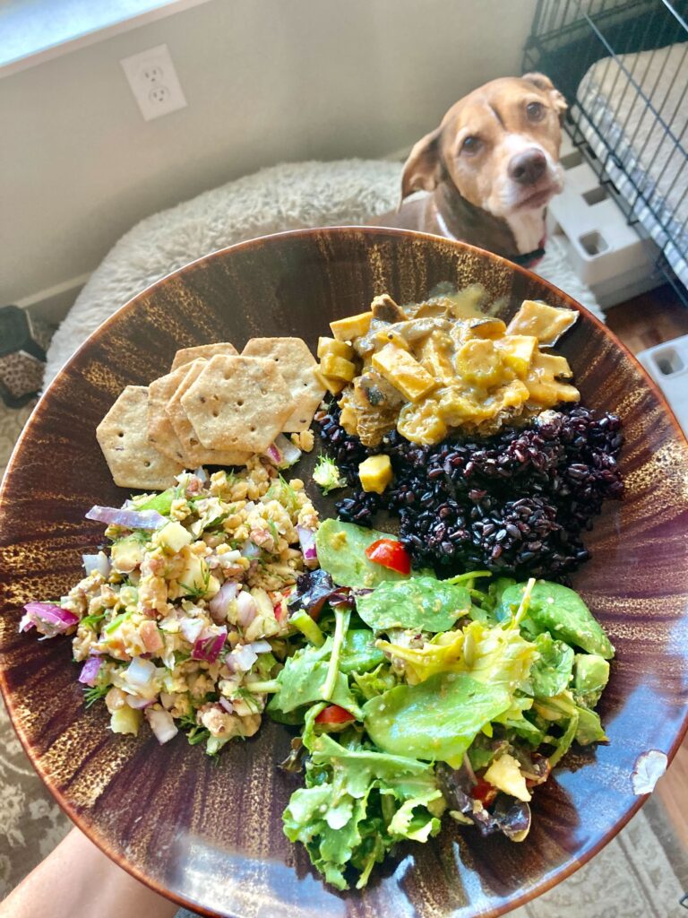 One of my favorite ways to eat - potluck-style with friends! Featuring homemade chickpea "tuna" salad, mixed greens with a spicy dressing, wild rice, and curried vegetables with tofu. - Morgan Donnelly