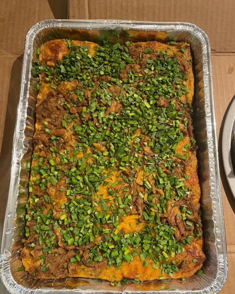 Vegan Pulled Pork Breakfast Casserole made from Barvecue Pulled Pork - Catherine Chai