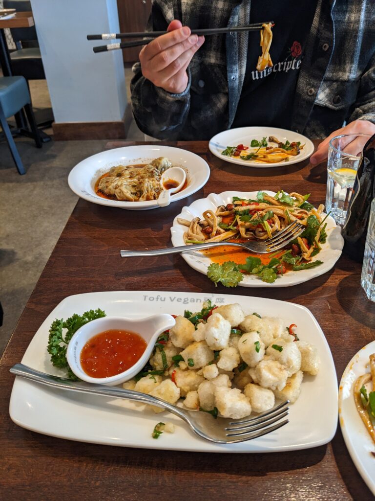 Tofu vegan - Deep fried tofu with salt and sichuan pepper, hand shredded king oyster mushroom, wontons in house special sauce - Bekki 🌻