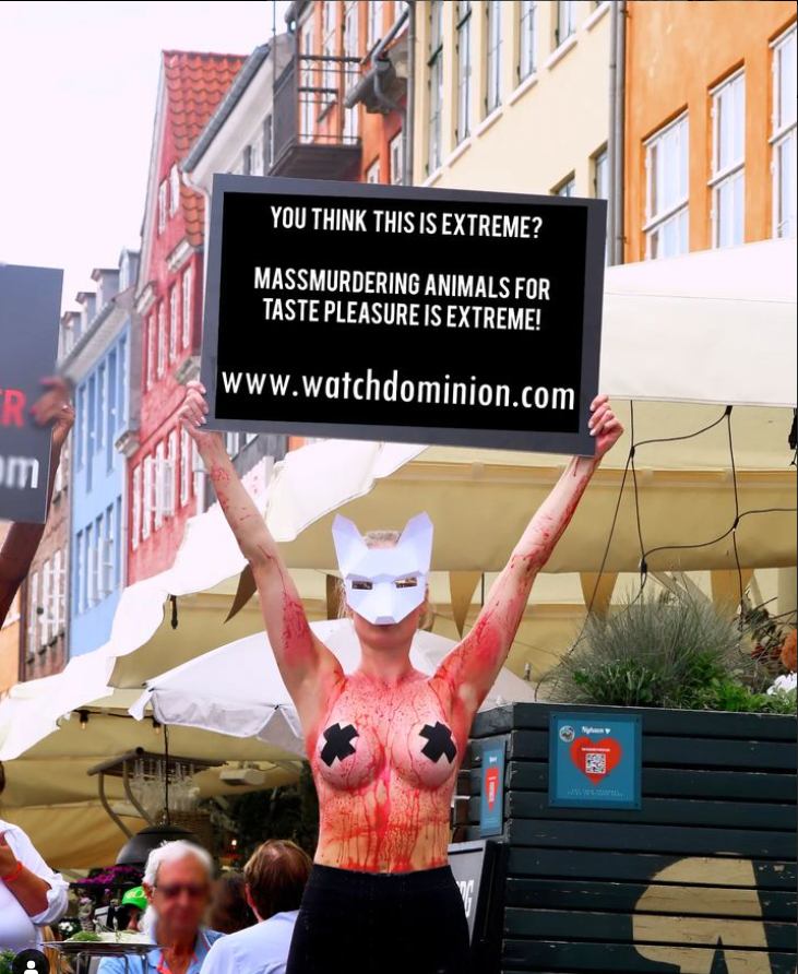 Malin - At a "Vegan Warriors" demo in Copenhagen, walking topless through the city with blood, signs and cool music to promote the documentary Dominion