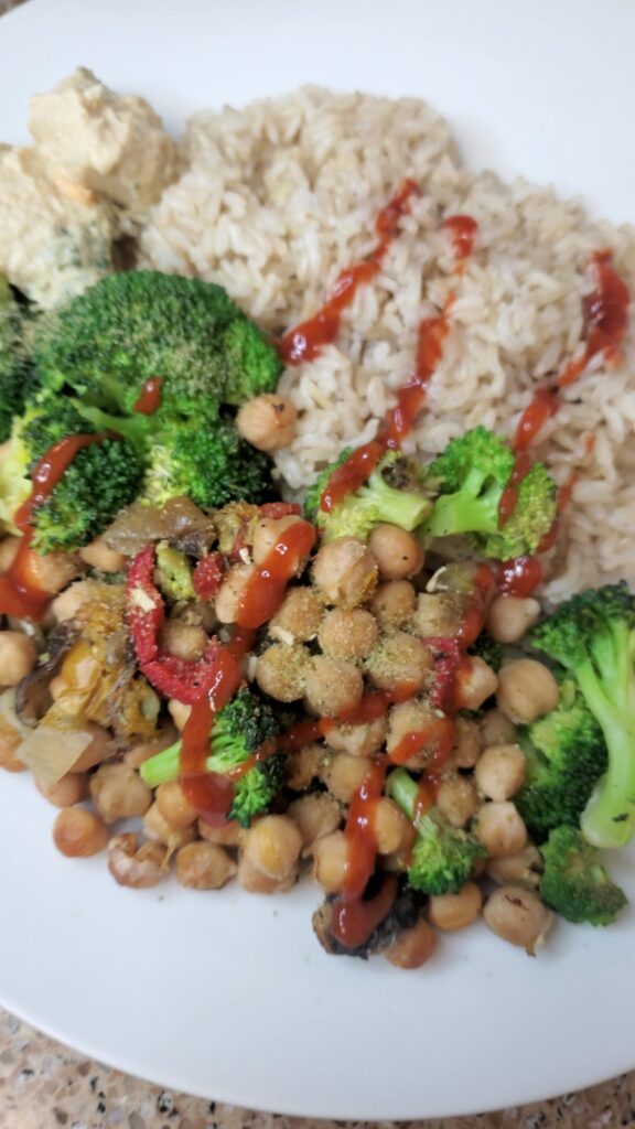 chickpeas, brown rice, vegetables