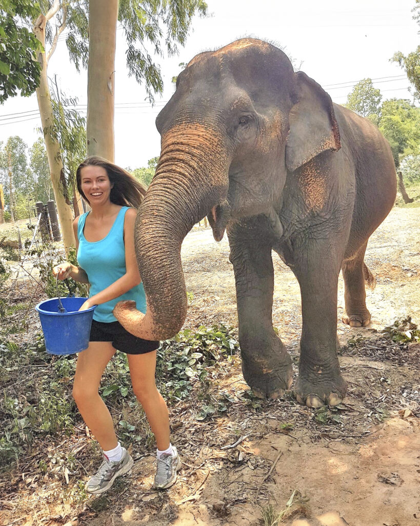 Deanna Troy Travels - Deanna walks an elephant at an animal sanctuary in Chaing Mai, Thailand